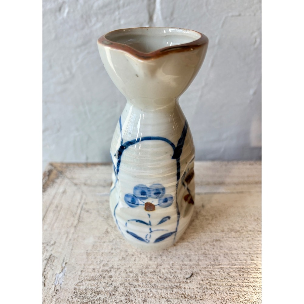 Vintage Japanese Ceramic Sake Carafe Tokkuri Hand Painted Floral Signed 5.75"